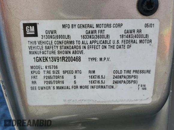 2001 GMC Yukon SLE with VIN 1GKEK13V91R200468, listed as a Copart auction lot 75693964 with 283,426 mi miles and Salvage Title. Bid and sale history available at carsss.com. Image 13.