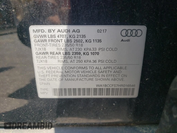 2017 Audi Q3 Premium z VIN WA1BCCFS7HR016546, wystawiony jako Copart lot #61943715 z przebiegiem 81 598 mil mil oraz Czysty tytuł • Clean title. Historia ofert i sprzedaży dostępna na DreamBid. Obrazek 13.