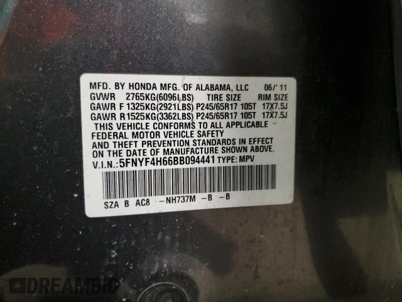2011 Honda Pilot EX-L with VIN 5FNYF4H66BB094441, listed as a Copart auction lot 88576335 with Not Provided miles and Salvage Title. Bid and sale history available at carsss.com. Image 13.