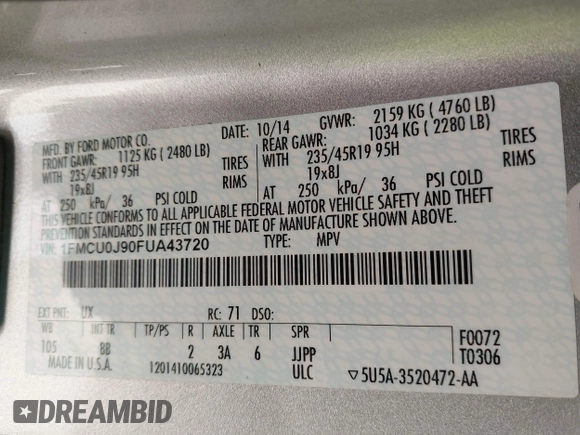 2015 Ford Escape Titanium with VIN 1FMCU0J90FUA43720, listed as a IAAI auction lot 42541048 with 98,948 mi miles and . Bid and sale history available at DreamBid. Image 9.