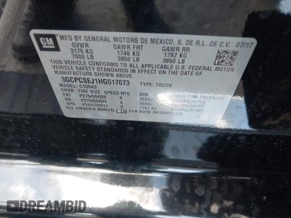 2017 Chevrolet Silverado 1500 LTZ with VIN 3GCPCSEJ1HG517673, listed as a IAAI auction lot 41390977 with Not Provided miles and . Bid and sale history available at DreamBid. Image 9.