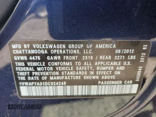2013 Volkswagen Passat Wolfsburg Edition z VIN 1VWAP7A31DC024245, wystawiony jako Copart lot #55263335 z przebiegiem 197 379 mil mil oraz Czysty tytuł • Clean title. Historia ofert i sprzedaży dostępna na DreamBid. Obrazek 12.