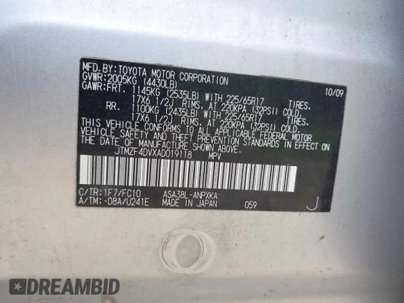 2010 Toyota RAV4 with VIN JTMZF4DVXAD019118, listed as a IAAI auction lot 42815187 with 236,434 mi miles and . Bid and sale history available at DreamBid. Image 9.