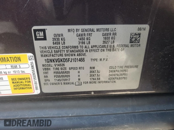 2015 Chevrolet Traverse LT with VIN 1GNKVGKD5FJ101466, listed as a Copart auction lot 52342695 with Not Provided miles and Clean Title. Bid and sale history available at DreamBid. Image 13.