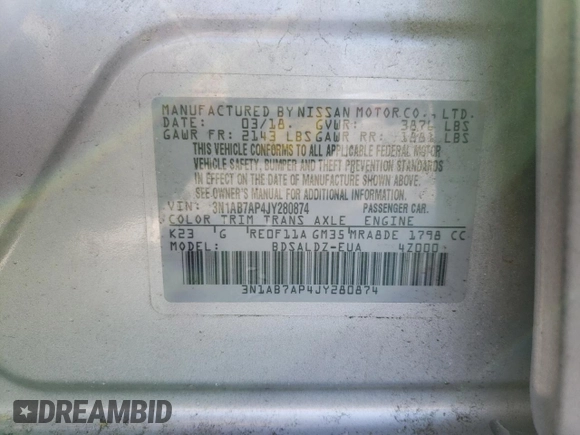 2018 Nissan Sentra SV with VIN 3N1AB7AP4JY280874, listed as a Copart auction lot 46175845 with 43,117 mi miles and Salvage Title. Bid and sale history available at carsss.com. Image 12.