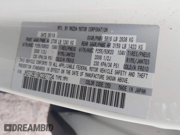 2019 Mazda CX-9 Signature with VIN JM3TCBEY8K0327724, listed as a IAAI auction lot 42068769 with 77,823 mi miles and . Bid and sale history available at DreamBid. Image 9.
