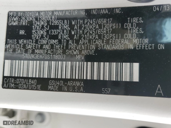 2013 Toyota Highlander with VIN 5TDZK3EH7DS118003, listed as a Copart auction lot 47138505 with 109,021 mi miles and Salvage Title. Bid and sale history available at carsss.com. Image 13.