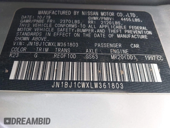 2020 Nissan Rogue Sport SL with VIN JN1BJ1CWXLW361803, listed as a IAAI auction lot 41141947 with 57,801 mi miles. Bid and sale history available at carsss.com. Image 9.