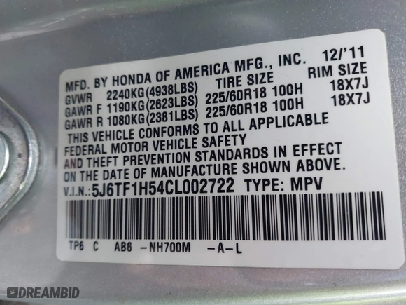 2012 Honda Crosstour EX-L with VIN 5J6TF1H54CL002722, listed as a IAAI auction lot 40860969 with 153,707 mi miles. Bid and sale history available at carsss.com. Image 9.