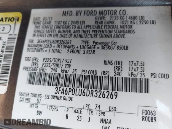 2013 Ford Fusion SE Hybrid with VIN 3FA6P0LU6DR326269, listed as a IAAI auction lot 41999417 with 277,891 mi miles. Bid and sale history available at carsss.com. Image 9.