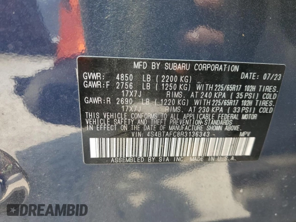 2024 Subaru Outback Premium с VIN 4S4BTAFC8R3136343, выставлен на аукционе Copart как лот 57290285 с пробегом 79 359 миль миль и Списание • Salvage title. История ставок и продаж доступна на DreamBid. Изображение 13.