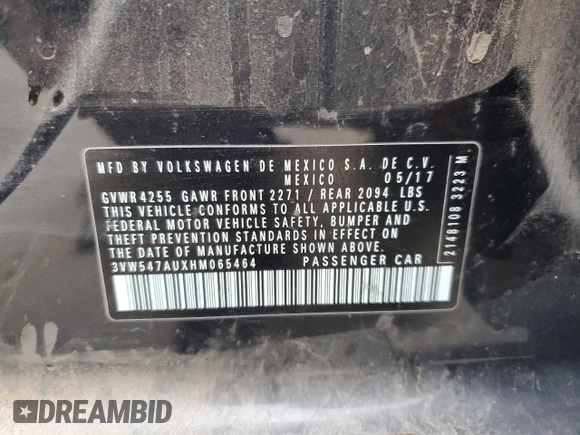 2017 Volkswagen GTI S with VIN 3VW547AUXHM065464, listed as a Copart auction lot 43478615 with 71,897 mi miles and Salvage Title. Bid and sale history available at DreamBid. Image 12.