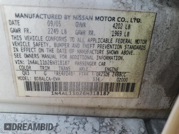 2006 Nissan Altima 2.5 with VIN 1N4AL11D26N318187, listed as a Copart auction lot 48492135 with 293,431 mi miles and Salvage Title. Bid and sale history available at carsss.com. Image 14.