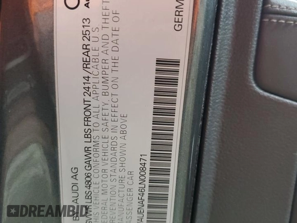 2020 Audi A4 Premium Plus with VIN WAUENAF46LN008471, listed as a Copart auction lot 45737095 with 81,183 mi miles and Salvage title. Bid and sale history available at DreamBid. Image 14.