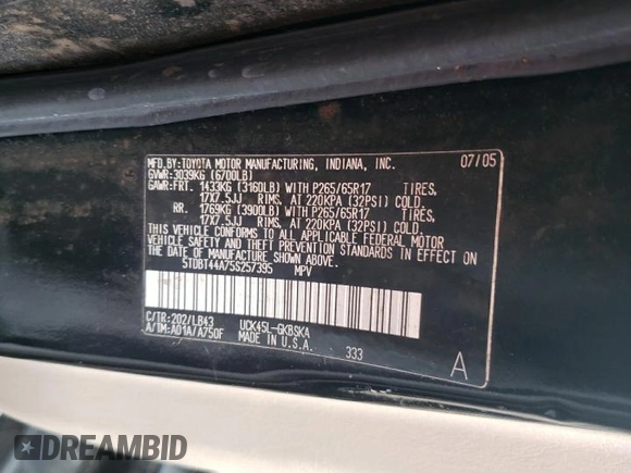 2005 Toyota Sequoia SR5 with VIN 5TDBT44A75S257395, listed as a Copart auction lot 55420505 with 213,121 mi miles and Salvage Title. Bid and sale history available at DreamBid. Image 13.