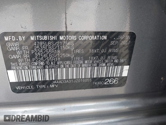 2018 Mitsubishi Outlander SE with VIN JA4AD3A31JZ016055, listed as a IAAI auction lot 42245714 with 97,448 mi miles and . Bid and sale history available at DreamBid. Image 9.
