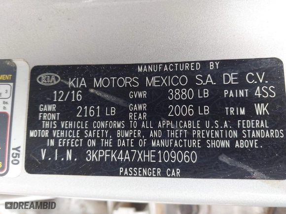 2017 Kia Forte LX with VIN 3KPFK4A7XHE109060, listed as a IAAI auction lot 41914583 with 111,750 mi miles. Bid and sale history available at carsss.com. Image 9.