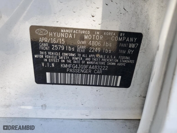 2015 Hyundai Azera with VIN KMHFG4JG9FA483222, listed as a Copart auction lot 76129724 with 49,856 mi miles and Salvage Title. Bid and sale history available at carsss.com. Image 12.