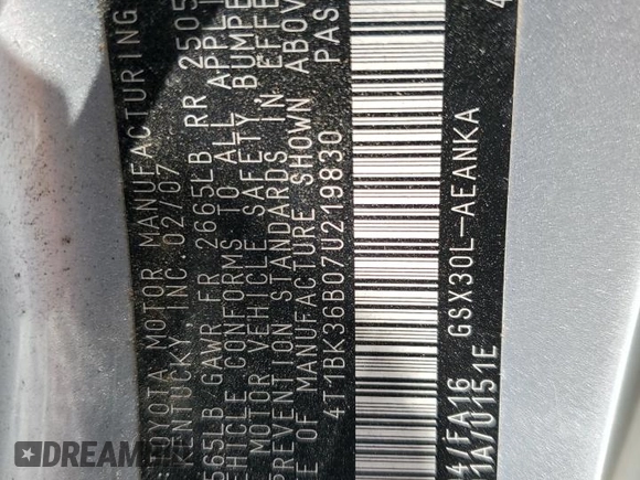2007 Toyota Avalon XL z VIN 4T1BK36B07U219830, wystawiony jako Copart lot #53327725 z przebiegiem 147 116 mil mil oraz Szkoda całkowita • Salvage title. Historia ofert i sprzedaży dostępna na DreamBid. Obrazek 12.