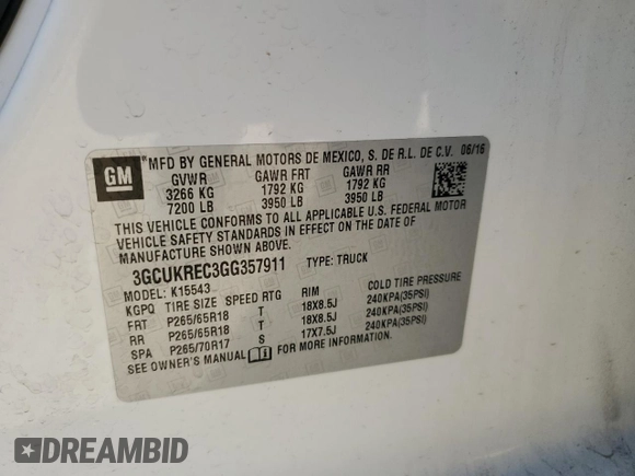 2016 Chevrolet Silverado 1500 LT with VIN 3GCUKREC3GG357911, listed as a Copart auction lot 43985735 with 145,647 mi miles and Salvage Title. Bid and sale history available at DreamBid. Image 14.