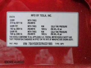 2024 Tesla Model Y with VIN 7SAYGDED2RA331985, listed as a Copart auction lot 50849025 with 6,108 mi miles and Salvage title. Bid and sale history available at DreamBid. Image 14.