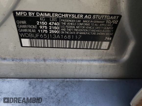 2003 Mercedes-Benz E 320 z VIN WDBUF65J13A168117, wystawiony jako Copart lot #56205235 z przebiegiem Nie podano mil oraz Szkoda całkowita • Salvage title. Historia ofert i sprzedaży dostępna na DreamBid. Obrazek 12.