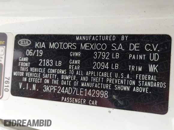 2020 Kia Forte LXS with VIN 3KPF24AD7LE142998, listed as a IAAI auction lot 42051498 with 166,013 mi miles and . Bid and sale history available at carsss.com. Image 9.