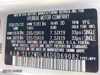 2013 Hyundai Santa Fe 2.0T Sport with VIN 5XYZWDLA6DG069082, listed as a IAAI auction lot 41521260 with 98,580 mi miles. Bid and sale history available at carsss.com. Image 9.
