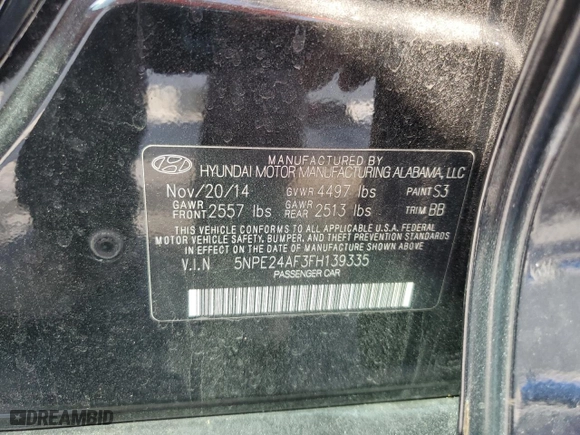 2015 Hyundai Sonata 2.4L SE with VIN 5NPE24AF3FH139335, listed as a Copart auction lot 50534815 with 74,150 mi miles and Clean Title. Bid and sale history available at carsss.com. Image 12.