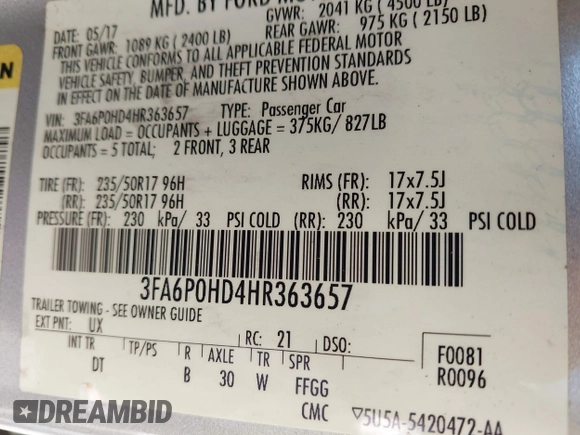 2017 Ford Fusion SE with VIN 3FA6P0HD4HR363657, listed as a IAAI auction lot 42647734 with 95,867 mi miles and . Bid and sale history available at DreamBid. Image 9.