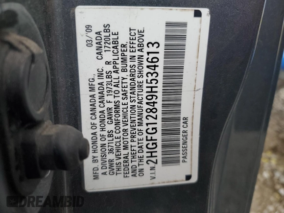 2009 Honda Civic EX with VIN 2HGFG12849H534613, listed as a Copart auction lot 54648375 with 219,437 mi miles and Salvage Title. Bid and sale history available at DreamBid. Image 12.