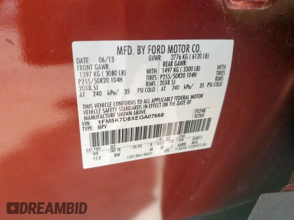 2014 Ford Explorer XLT with VIN 1FM5K7D8XEGA07668, listed as a Copart auction lot 62013535 with 178,148 mi miles and Salvage title. Bid and sale history available at DreamBid. Image 13.