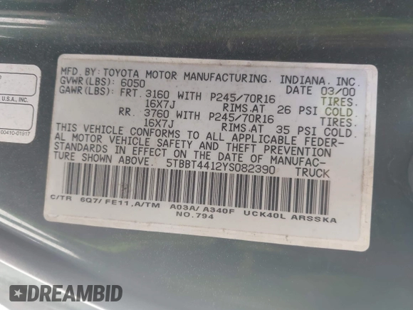 2000 Toyota Tundra SR5 with VIN 5TBBT4412YS082390, listed as a IAAI auction lot 42069302 with Not Provided miles and . Bid and sale history available at DreamBid. Image 9.