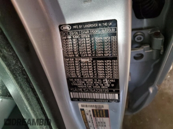 2006 Land Rover Range Rover HSE with VIN SALME15476A228139, listed as a Copart auction lot 56630495 with Not provided miles and Salvage title. Bid and sale history available at DreamBid. Image 13.