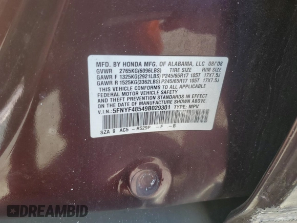 2009 Honda Pilot EX-L with VIN 5FNYF48549B029301, listed as a Copart auction lot 43062735 with 130,983 mi miles and Salvage Title. Bid and sale history available at carsss.com. Image 13.