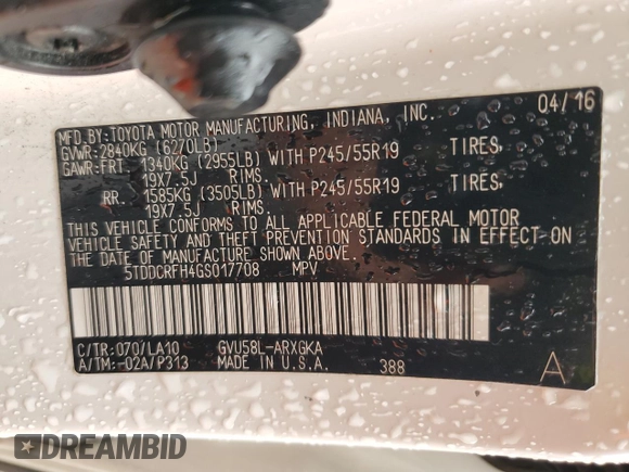 2016 Toyota Highlander Hybrid Limited with VIN 5TDDCRFH4GS017708, listed as a Copart auction lot 82051443 with 243,591 mi miles. Bid and sale history available at carsss.com. Image 13.