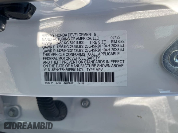 2023 Honda Passport EX-L with VIN 5FNYF8H55PB011474, listed as a Copart auction lot 62492595 with 18,327 mi miles and Salvage title. Bid and sale history available at DreamBid. Image 10.
