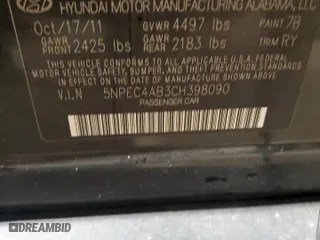 2012 Hyundai Sonata 2.0T SE with VIN 5NPEC4AB3CH398090, listed as a Copart auction lot 44325055 with 216,840 mi miles and Salvage Title. Bid and sale history available at carsss.com. Image 12.