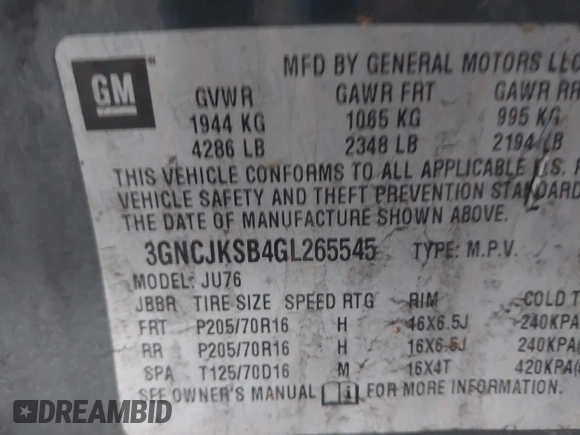 2016 Chevrolet Trax LS with VIN 3GNCJKSB4GL265545, listed as a IAAI auction lot 41701659 with 111,942 mi miles. Bid and sale history available at carsss.com. Image 9.