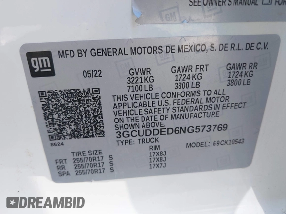 2022 Chevrolet Silverado 1500 LT with VIN 3GCUDDED6NG573769, listed as a IAAI auction lot 41788456 with 53,748 mi miles and . Bid and sale history available at DreamBid. Image 9.