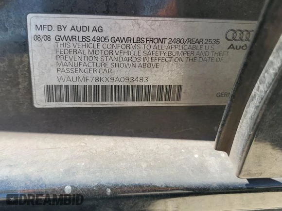 2009 Audi A4 Prestige with VIN WAUMF78KX9A093483, listed as a Copart auction lot 65438435 with 198,045 mi miles and Salvage title. Bid and sale history available at DreamBid. Image 12.