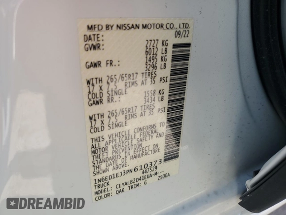 2023 Nissan Frontier SV with VIN 1N6ED1EJ3PN610373, listed as a Copart auction lot 66322534 with 22,505 mi miles and Salvage Title. Bid and sale history available at carsss.com. Image 14.