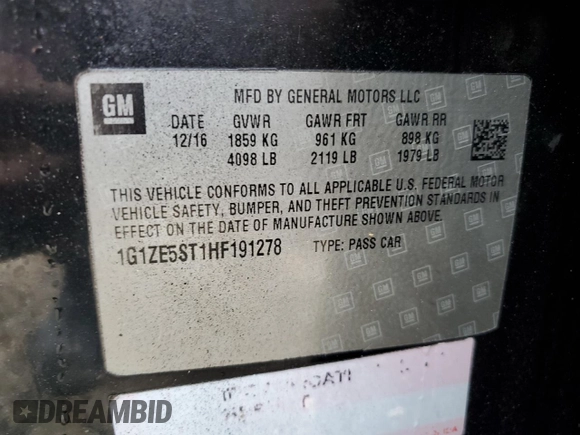 2017 Chevrolet Malibu LT with VIN 1G1ZE5ST1HF191278, listed as a Copart auction lot 56921805 with 109,412 mi miles and Clean Title. Bid and sale history available at DreamBid. Image 12.