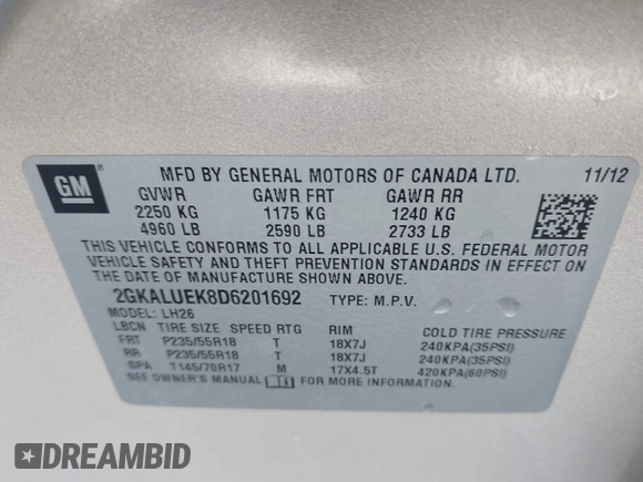 2013 GMC Terrain SLT with VIN 2GKALUEK8D6201692, listed as a IAAI auction lot 41436773 with 108,964 mi miles and . Bid and sale history available at carsss.com. Image 9.