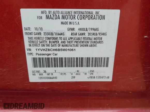 2011 Mazda 6 i Touring with VIN 1YVHZ8CH6B5M01061, listed as a Copart auction lot 56033865 with 200,929 mi miles and Clean title. Bid and sale history available at DreamBid. Image 12.