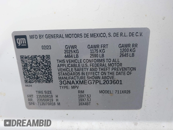 2023 Chevrolet Equinox RS z VIN 3GNAXMEG7PL203601, wystawiony jako IAAI lot #41913587 z przebiegiem 12 837 mil mil oraz . Historia ofert i sprzedaży dostępna na DreamBid. Obrazek 9.