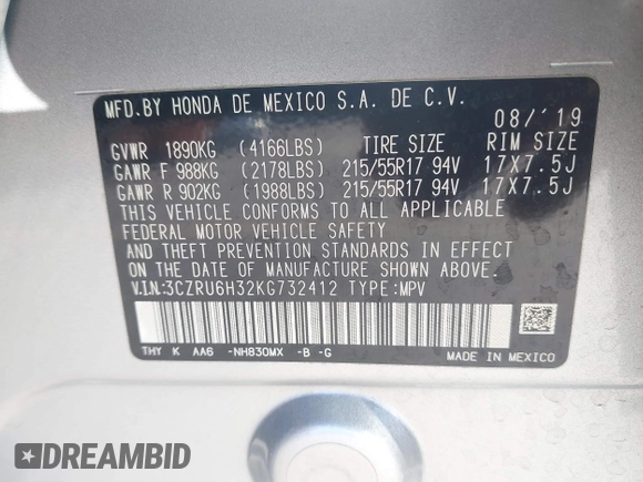 2019 Honda HR-V LX with VIN 3CZRU6H32KG732412, listed as a IAAI auction lot 41641503 with 70,990 mi miles. Bid and sale history available at carsss.com. Image 9.