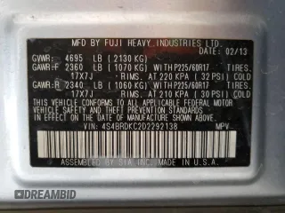 2013 Subaru Outback Limited с VIN 4S4BRDKC2D2292138, выставлен на аукционе Copart как лот 65347005 с пробегом 195 961 миль миль и Списание • Salvage title. История ставок и продаж доступна на DreamBid. Изображение 12.