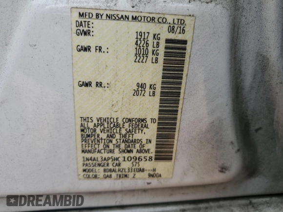 2017 Nissan Altima SR with VIN 1N4AL3AP5HC109658, listed as a Copart auction lot 59683105 with 154,200 mi miles and Salvage title. Bid and sale history available at DreamBid. Image 12.