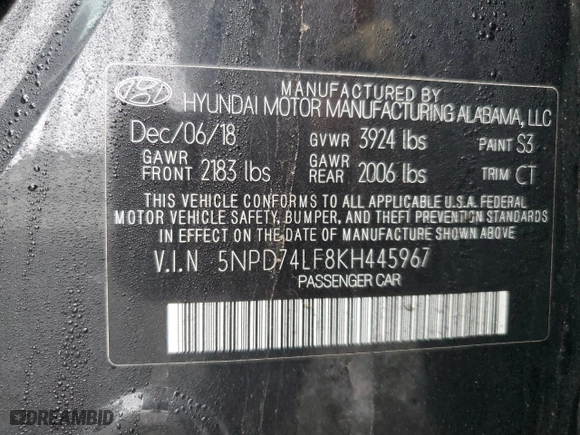 2019 Hyundai Elantra SE with VIN 5NPD74LF8KH445967, listed as a Copart auction lot 51667045 with 67,455 mi miles and Salvage Title. Bid and sale history available at carsss.com. Image 15.